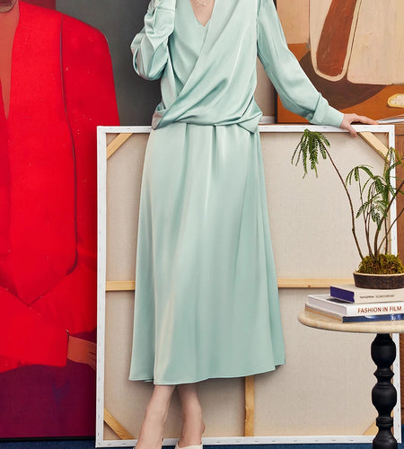 Solid Spliced Folds Temperament Dresses for Women V Neck Long Sleeves Tunic Casual Dress Female Fashion Clothes New