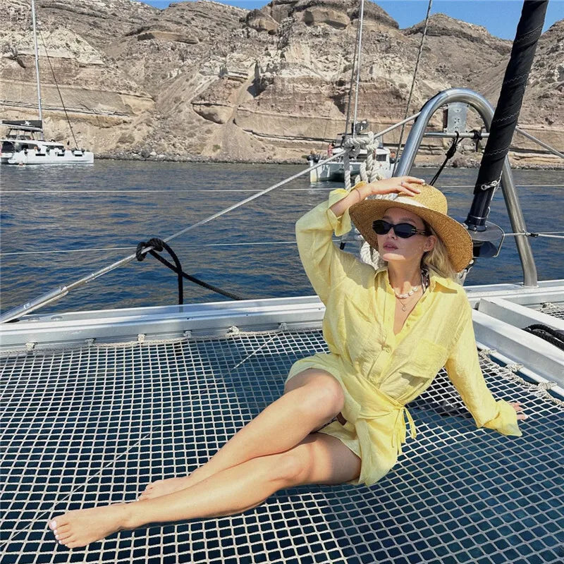 Summer Beach Two Piece Sets Women Long Sleeve Shirt And Mini Skirt Female See Through Loose 2 Piece Set Beachwear