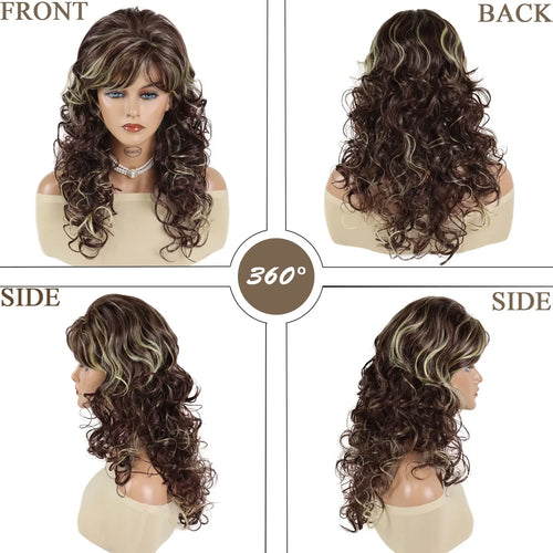 Load image into Gallery viewer, Synthetic Mommy Wigs for Women Long Curly Hair Wig with Bangs Brown Highlights Blonde Hairstyles Elegant Natural Daily
