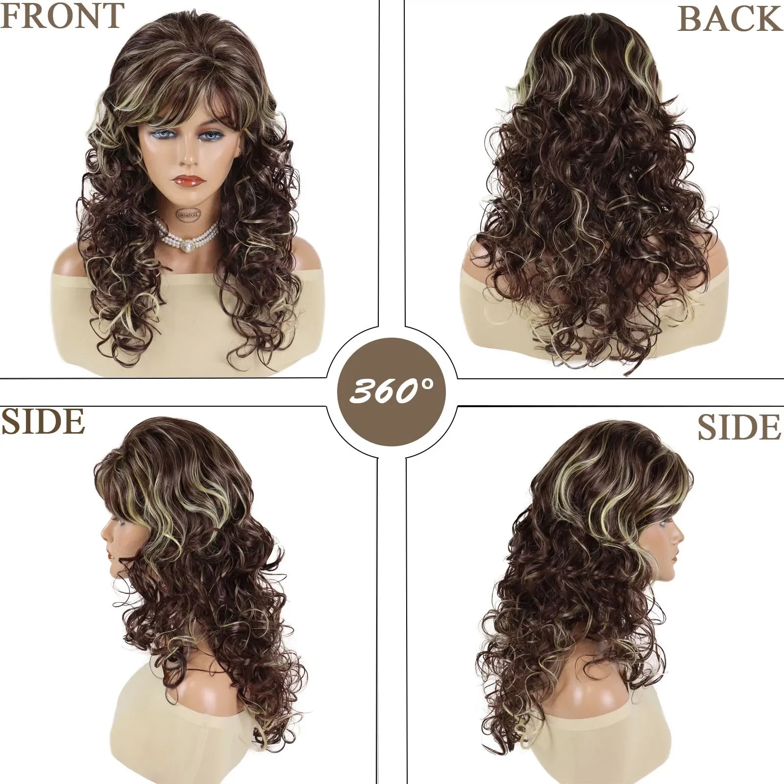 Synthetic Mommy Wigs for Women Long Curly Hair Wig with Bangs Brown Highlights Blonde Hairstyles Elegant Natural Daily