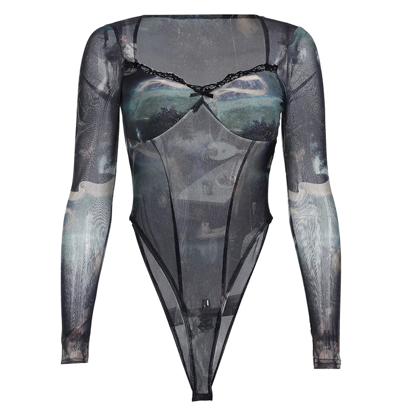 Fashion Square Neck Vintage Printed Fitness Mesh Bodysuit Lace Trim Bow Sexy Catsuit Body One Piece See Through Party