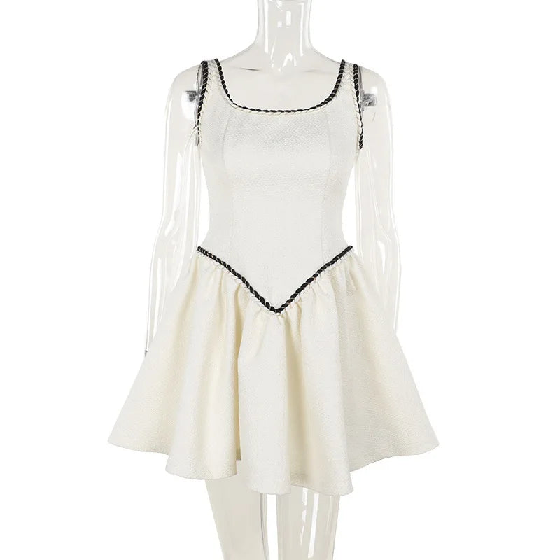 Sleeveless A-line Sexy Mini Dress For Women White Spaghetti Strap Sleeveless Backless Pleated Club Party Dress Clubwear