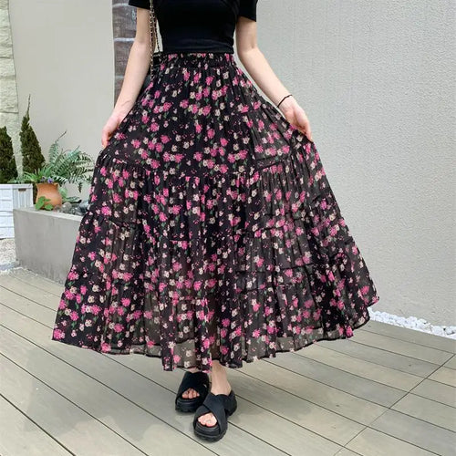 Load image into Gallery viewer, French Vintage Black Floral Ruffled High Waisted Vacation Pleated Long Skirt Women Elegant Party Skirt Clothes Spring Summer New
