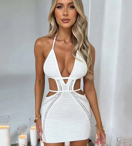 Hollow Out Halter Sexy Mini Dress Women Summer New Sleeveless Backless Skinny Club Party Knit Tank Dress Vestido