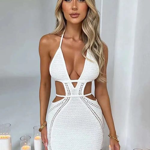 Load image into Gallery viewer, Hollow Out Halter Sexy Mini Dress Women Summer New Sleeveless Backless Skinny Club Party Knit Tank Dress Vestido
