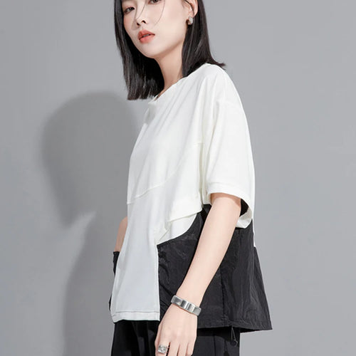 Load image into Gallery viewer, Women Green Color-block Drawstring Big Size T-shirt New Round Neck Half Sleeve Fashion Tide Spring Summer 2025 1DH9830
