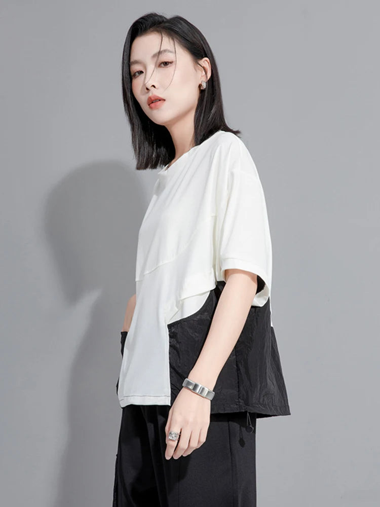 Women Green Color-block Drawstring Big Size T-shirt New Round Neck Half Sleeve Fashion Tide Spring Summer 2025 1DH9830
