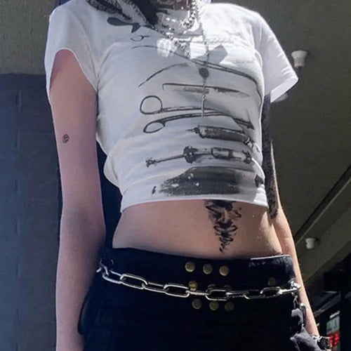 Load image into Gallery viewer, Dark Printed Cropped T Shiirt Gothic Casual Slim O-Neck Short Sleeve Tees Women 2024 Summer Fashion Streetwear Ladies
