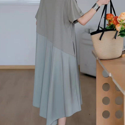 Load image into Gallery viewer, Women Black Irregular Spliced Big Size Casual Dress New Round Neck Short Sleeve Fashion Tide Spring Summer 2025 1DJ1188
