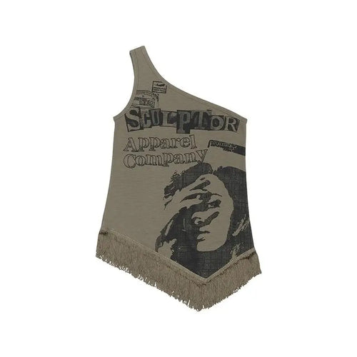 Load image into Gallery viewer, Grunge Print Tank Tops Vintage Irregular Patchwork Camisole Korean Fashion Tassel Design Tops 90s Punk Style Vest Chic
