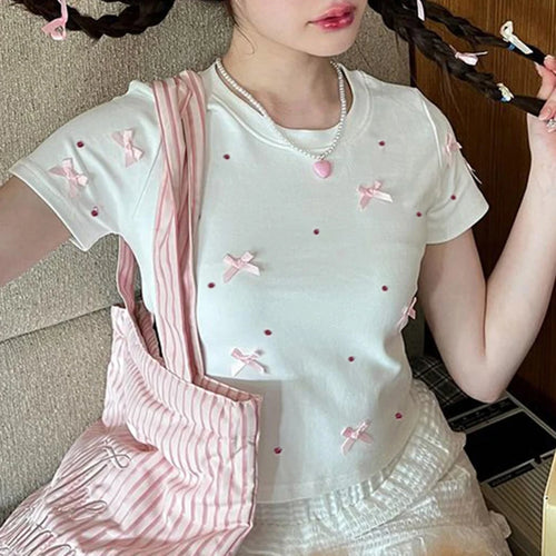 Load image into Gallery viewer, Sweet Bow Kawaii Crop Top Women Round Neck Slim Korean Fashion Summer T-shirts Cute Coquette Baby Tees Y2K Pink Shirt
