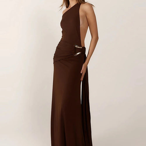 Load image into Gallery viewer, Oblique Shoulder Sleeveless Ruched Maxi Dress For Women Gown Elegant Metal Rings Backless Bodycon Long Dresses Vestidos
