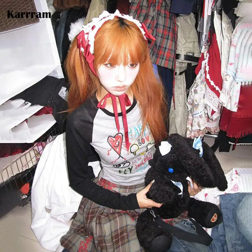 Load image into Gallery viewer, Japanese Y2k Graffiti Print T-shirt Trashy 2000s Style Long Sleeve Patchwork Tops Vintage Harajuku Crop Top American 90s
