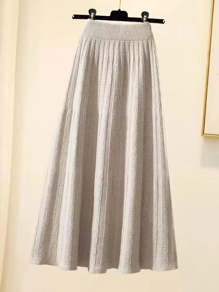 Autumn Winter New Elegant Slim Elastic High Waist A-line Skirt Solid Holiday Striped Big Swing Knitted Skirts Women Popular
