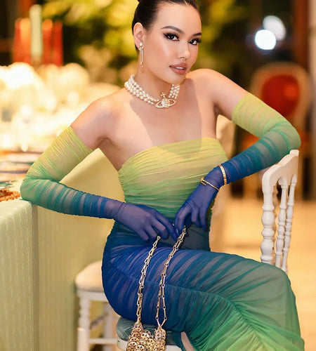 Mesh Gradient Patch Women's Dress Modified Bodycon Strapless Split Double Layer Midi Vesidos Party Club Evening Dress