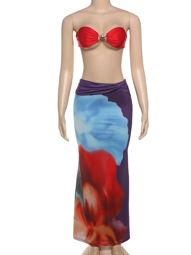 Colorful 2 Piece Set Women Beach Sexy Swimsuit Starfish Buckle Tube Tops+Ruched Belt Skirts Matching Midnight Clubwear