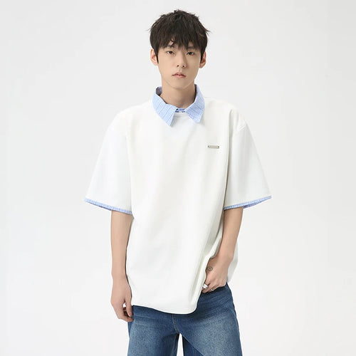 Load image into Gallery viewer, Korean Style Male T-shirts Loose Fake Two-piece Short Sleeve Lapel Letters Casual Men&#39;s Tops Stylish Summer 9C6264
