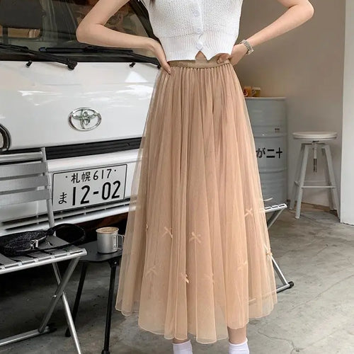 Load image into Gallery viewer, Women Solid Sweet Long Skirt 2023 New Korean Fashion Bow Elegant A Line Elastic High Waist Party Pleated Mesh Skirt Female Retro
