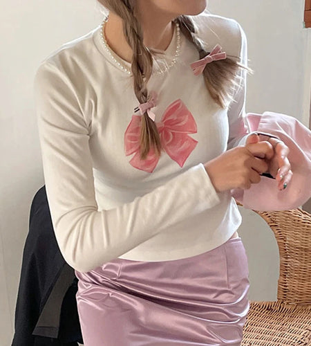 Cutecore Bow Print White Autumn T shirt Women Slim Korean Coquette Clothes Tee Pullover Kawaii Sweet Top Crop Casual
