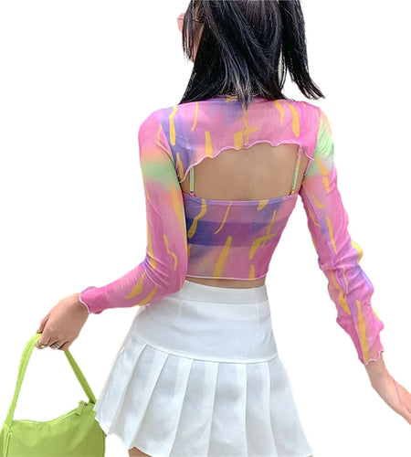 Shrug Top with Cami y2k Clothes Women Tie Dye Print Ruffle Long Sleeve Cover Up and Sleeveless Vest 2000s Clothing