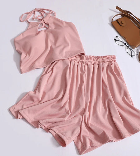 Korean Version Women Casual Two Piece Set Summer Solid Backless Halter Lace-up Tops And High Waist Wide Leg Pleated Shorts Suits