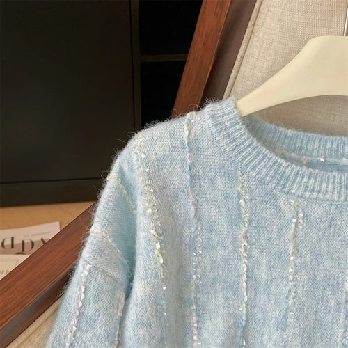 Load image into Gallery viewer, Korean Autumn Winter Beige Long Sleeves Loose Knit Crochet Sweater Women's Blue Round Neck Versatile Short Pullover Tops Popular
