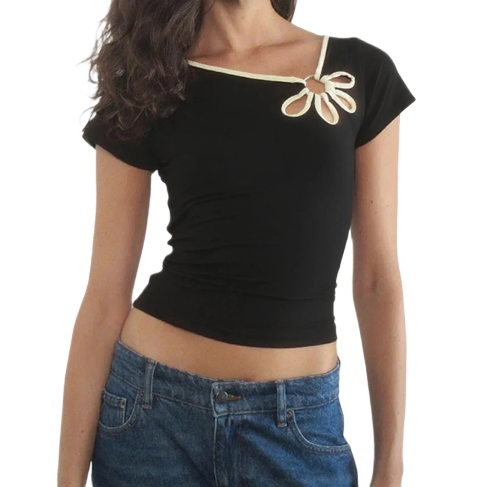 y2k Aesthetic Tops Women Summer Vest Hollowed Flower Slanted Collar Short Sleeve T Shirts 2000s Clothing Streetwear