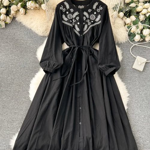 Load image into Gallery viewer, French Vintage Women Autumn Embroidery Elegant Long Sleeve Dress Ladies Round Neck Single Breasted Lace-up Party Dress Bohemian
