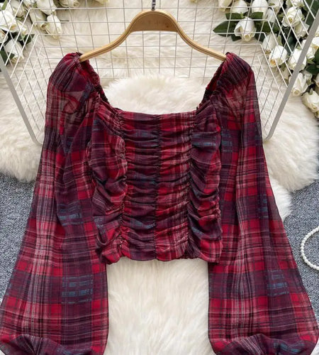 French Woman Plaid Long Sleeve Shirt Autumn Square Collar Slim Ladies Print Blouse Fashion Vintage Backless Short Pleated Tops