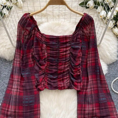 Load image into Gallery viewer, French Woman Plaid Long Sleeve Shirt Autumn Square Collar Slim Ladies Print Blouse Fashion Vintage Backless Short Pleated Tops
