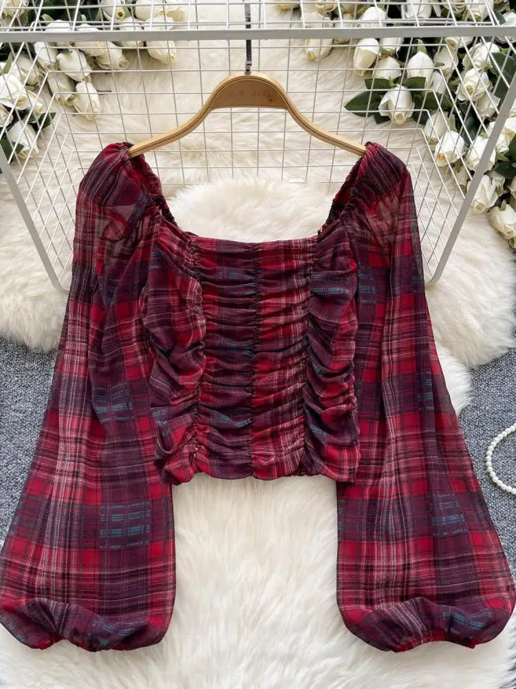 French Woman Plaid Long Sleeve Shirt Autumn Square Collar Slim Ladies Print Blouse Fashion Vintage Backless Short Pleated Tops
