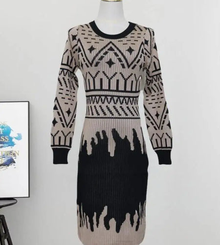 2024 Autumn Winter New Ladies Patchwork Elegant Long Sleeve Knitted Midi Dress Women Fashion Crew Neck Slim Dresses Casual Trend