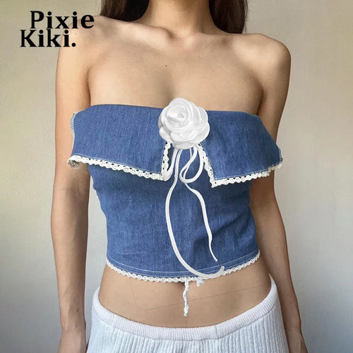 Load image into Gallery viewer, 3d Flower Applique Halterneck Backless Camisole Tops for Women Blue Denim Patchwork Going Out Tops Y2k Clothes P71CZ12
