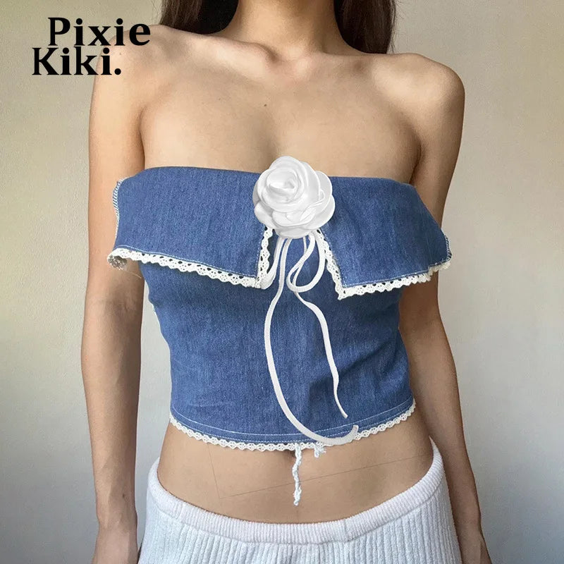 3d Flower Applique Halterneck Backless Camisole Tops for Women Blue Denim Patchwork Going Out Tops Y2k Clothes P71CZ12