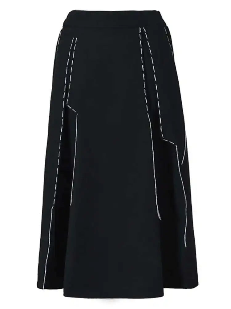 High Elastic Waist Black Topstitched Irregular Ra-line Half-body Skirt Women Fashion Tide New Spring Autumn 2025 1DF1073