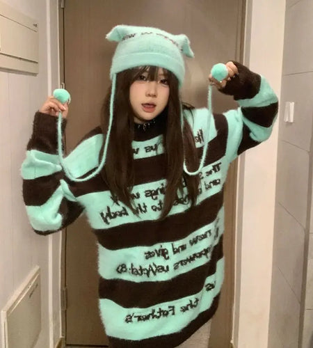 Contrast Color Striped Vintage Letter Print Sweaters Cashmere Loose Grunge Jumper 2025 Harajuku Knitted Pullovers Y2k Streetwear
