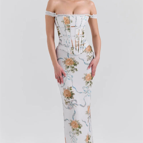 Load image into Gallery viewer, Vintage Print Sexy Maxi Dress Women Gown Summer Off-shoulder Sleeveless Backless Bodycon Club Party Long Dress Elegant
