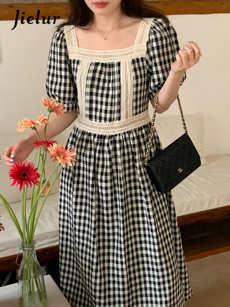 Lace Plaid Spell Color Women's Dresses Square Neck Puff Sleeve High Street Fashion Female Dress Summer Vacation Dresses