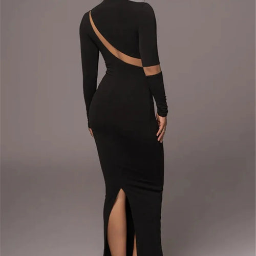 Load image into Gallery viewer, Turtleneck Long Sleeve Bodycon Maxi Dress For Women Autumn New Patchwork Hollow Out Club Party Sexy Long Dress Vestidos
