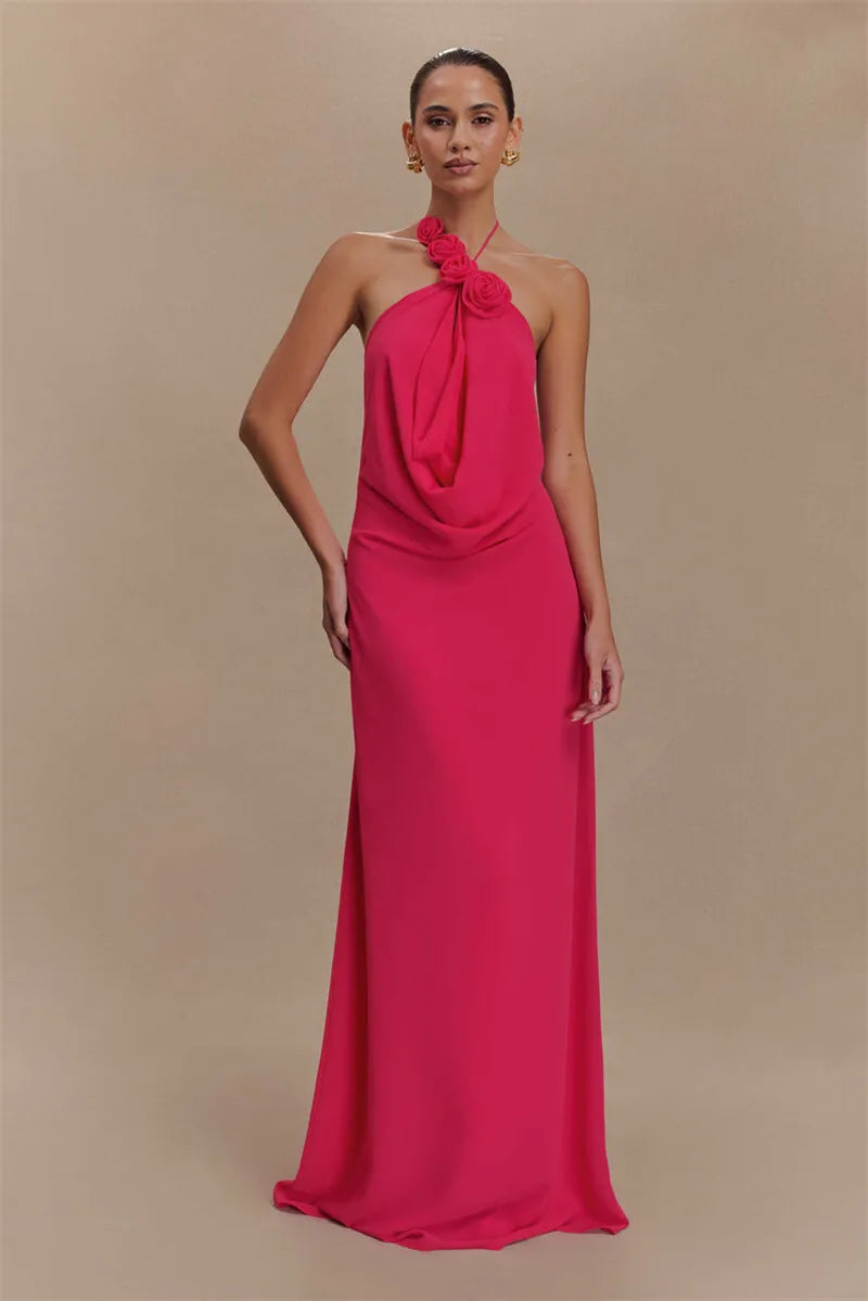 Rose Halter Off-shoulder Sexy Maxi Dress Women Rose Red Sleeveless Backless Lace-up High Waist Club Party Long Dress