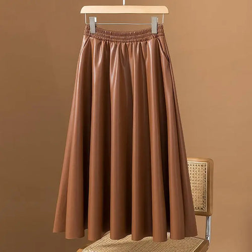 Load image into Gallery viewer, Women Brown Faux Leather Long Skirt 2023 Autumn Winter Black Vintage A Line Elastic High Waist Pu Skirts Female Oversized French
