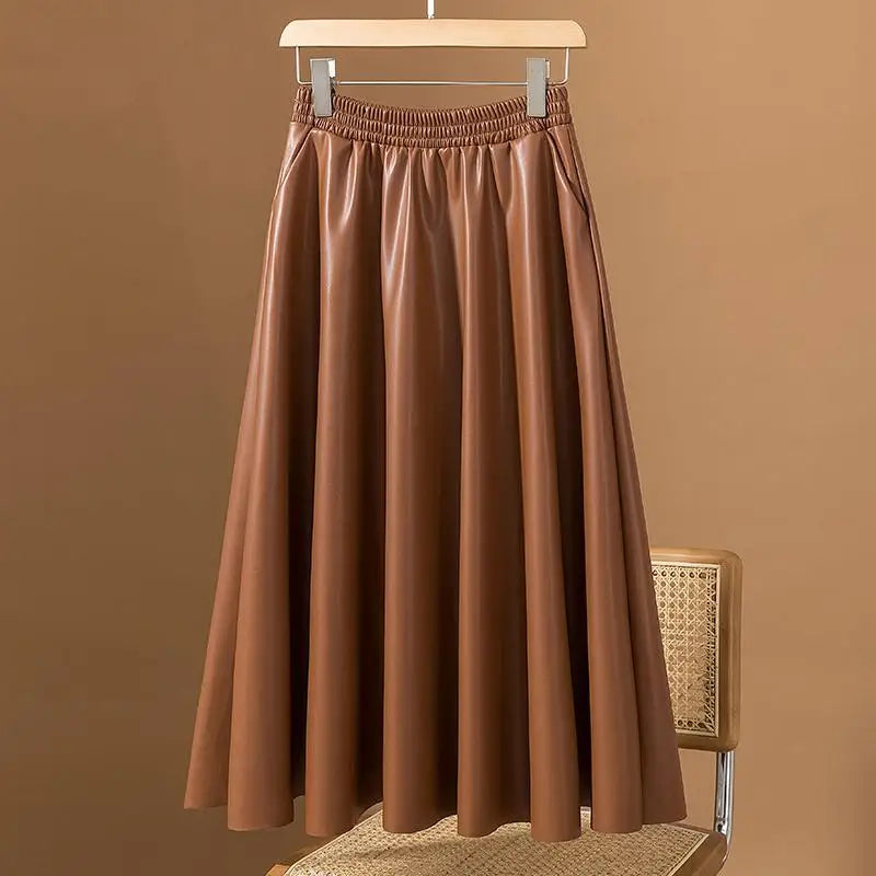Women Brown Faux Leather Long Skirt 2023 Autumn Winter Black Vintage A Line Elastic High Waist Pu Skirts Female Oversized French