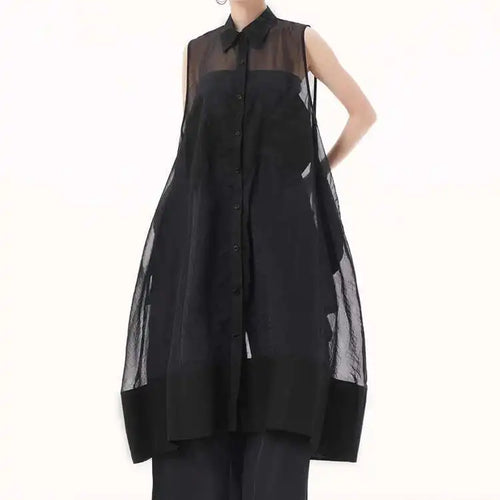 Load image into Gallery viewer, Women Black Mesh Perspective Big Size Long Shirt Dress New Lapel Sleeveless Fashion Tide Spring Summer 2025 1DH9517

