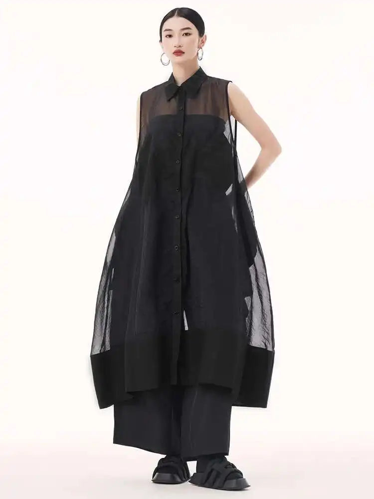 Women Black Mesh Perspective Big Size Long Shirt Dress New Lapel Sleeveless Fashion Tide Spring Summer 2025 1DH9517