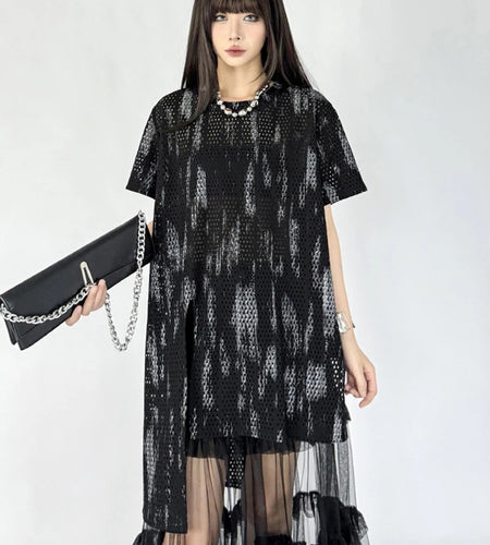 Women Black Grid Irregular Hem Big Size T-shirt New Round Neck Short Sleeve Fashion Tide Spring Summer 2025 1DJ1643