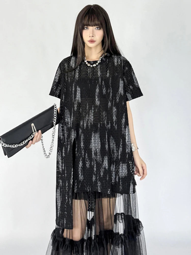 Women Black Grid Irregular Hem Big Size T-shirt New Round Neck Short Sleeve Fashion Tide Spring Summer 2025 1DJ1643