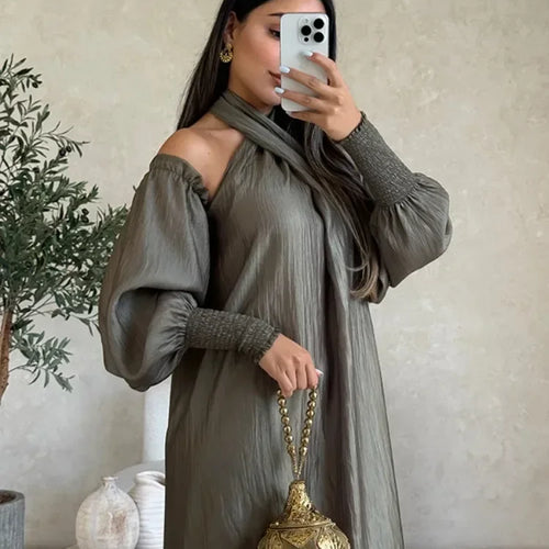 Load image into Gallery viewer, American Retro Halter-neck Loose Dress Cold Shoulder Puff Sleeves H-line Maxi Dress 2025 New Elegant Evening Dresses
