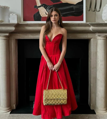 Summer Formal Occasion Strapless Dress Sexy Elegant Fit and Flare Birthday Party Dresses Red Women's Clothing