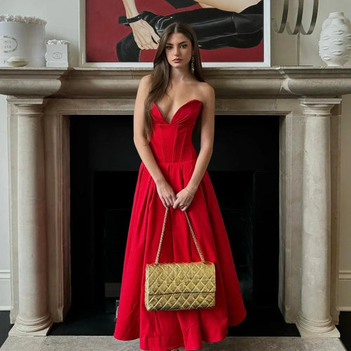 Load image into Gallery viewer, Summer Formal Occasion Strapless Dress Sexy Elegant Fit and Flare Birthday Party Dresses Red Women's Clothing
