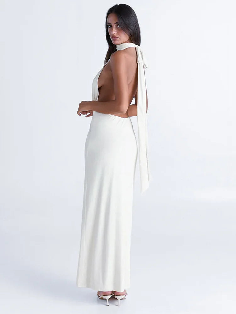 Halter Deep V Neck Sexy Maxi Dress For Women Fashion Solid Sleeveless Backless Lace-up Club Party Long Dress Vestido